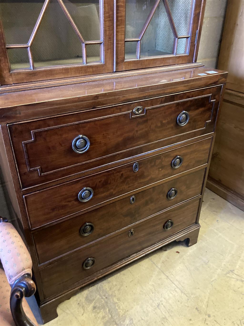 A George III Sheraton style mahogany secretaire bookcase, width 91cm, depth 46cm, height 208cm